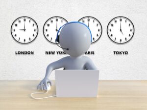 A 3D stick figure with a headset uses a laptop, with four clocks behind showing times for London, New York, Paris, and Tokyo.